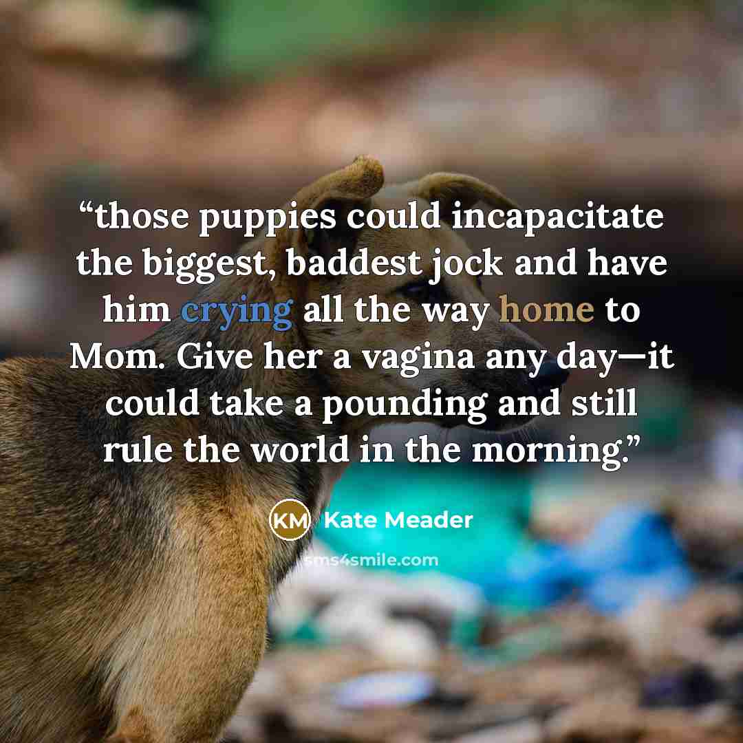 “those puppies could incapacitate the biggest, baddest jock and have him crying all the way home to Mom. Give her a vagina any day—it could take a pounding and still rule the world in the morning.” quote by Kate Meader