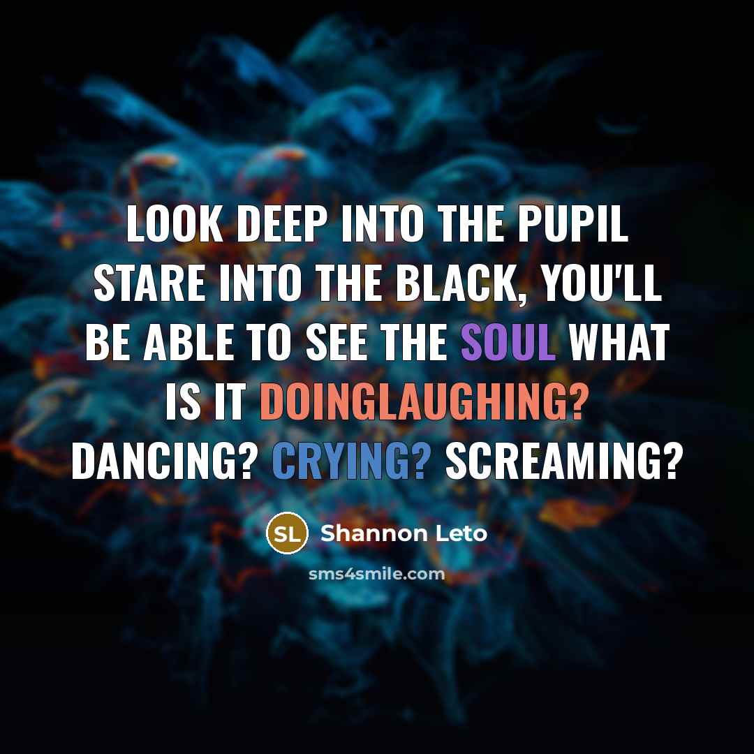 “Look deep into the pupil stare into the black, you'll be able to see the soul what is it doingLaughing? Dancing? Crying? Screaming?” quote by Shannon Leto