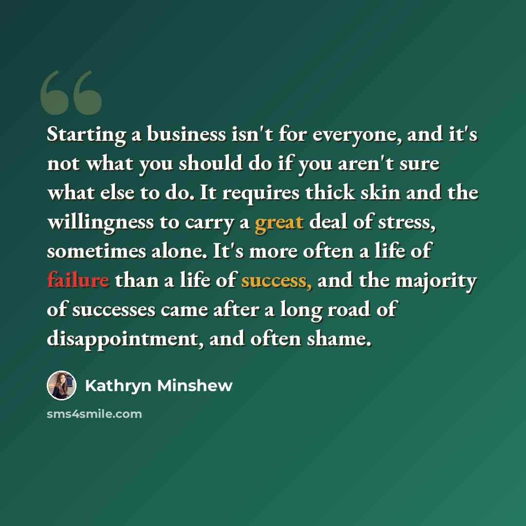 “Starting a business isn't for everyone, and it's not what you should do if you aren't sure what else to do. It requires thick skin and the willingness to carry a great deal of stress, sometimes alone. It's more often a life of failure than a life of success, and the majority of successes came…” quote by Kathryn Minshew