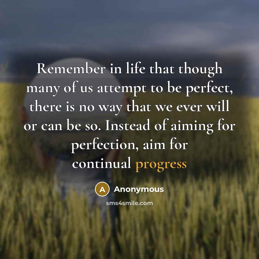 “Remember in life that though many of us attempt to be perfect, there is no way that we ever will or can be so. Instead of aiming for perfection, aim for continual progress” quote by Anonymous