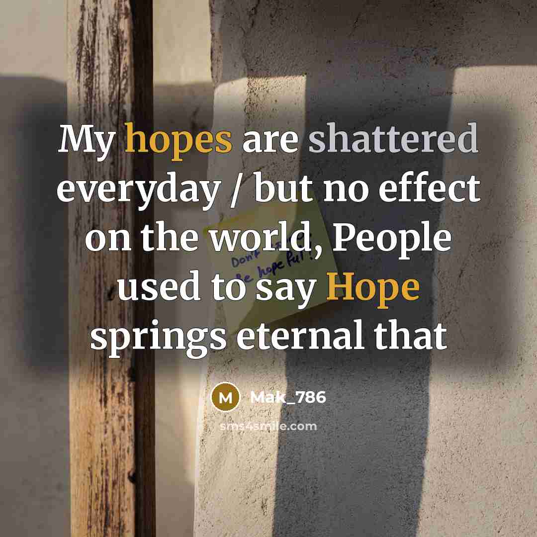“My hopes are shattered everyday / but no effect on the world, People used to say Hope springs eternal that” quote by Mak_786