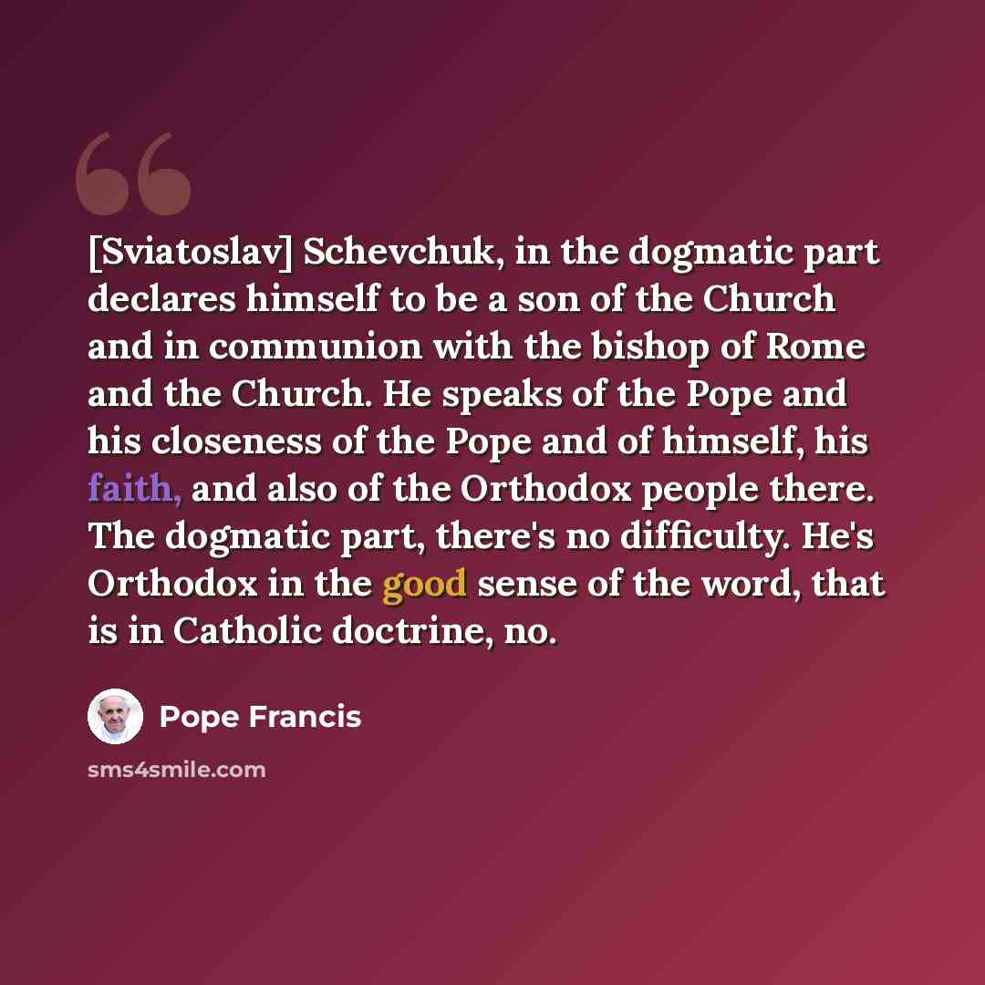 “[Sviatoslav] Schevchuk, in the dogmatic part declares himself to be a son of the Church and in communion with the bishop of Rome and the Church. He speaks of the Pope and his closeness of the Pope and of himself, his faith, and also of the Orthodox people there. The dogmatic part, there's no…” quote by Pope Francis