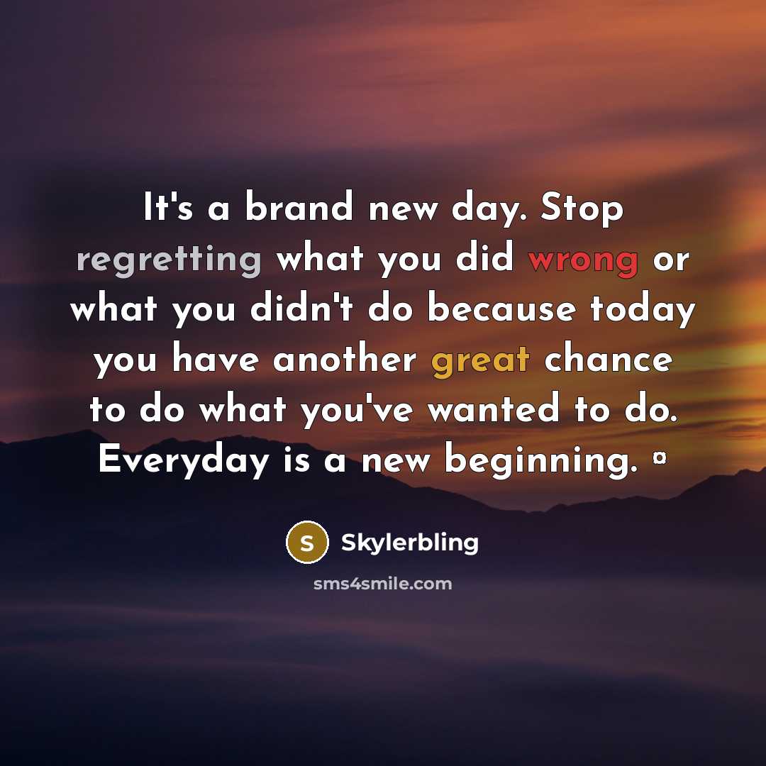 “It's a brand new day. Stop regretting what you did wrong or what you didn't do because today you have another great chance to do what you've wanted to do. Everyday is a new beginning. ¤” quote by Skylerbling
