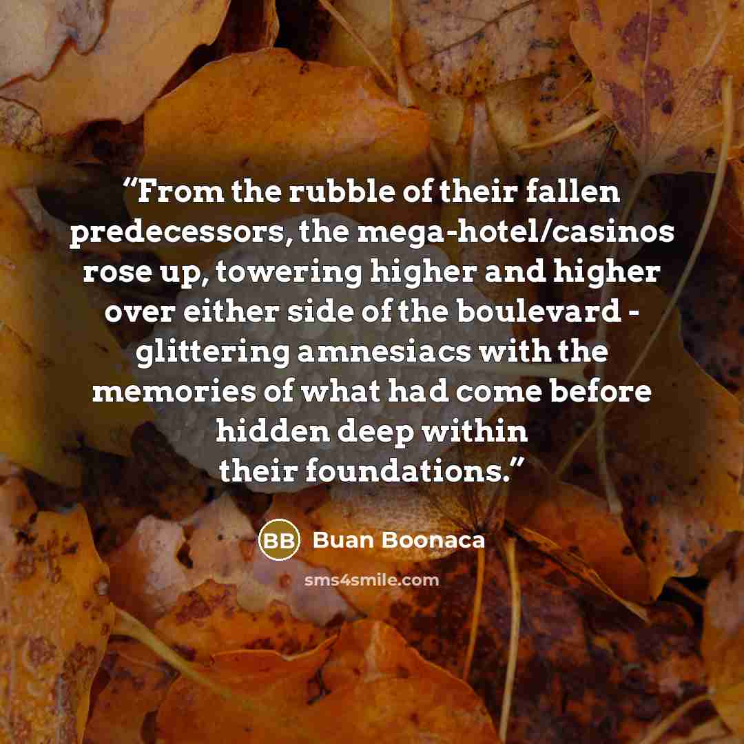 “From the rubble of their fallen predecessors, the mega-hotel/casinos rose up, towering higher and higher over either side of the boulevard - glittering amnesiacs with the memories of what had come before hidden deep within their foundations.” quote by Buan Boonaca