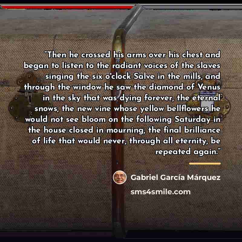 “Then he crossed his arms over his chest and began to listen to the radiant voices of the slaves singing the six o'clock Salve in the mills, and through the window he saw the diamond of Venus in the sky that was dying forever, the eternal snows, the new vine whose yellow bellflowers he would not…” quote by Gabriel García Márquez