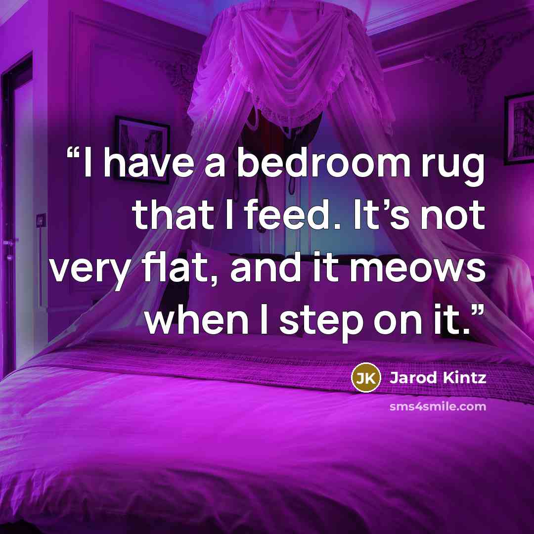 “I have a bedroom rug that I feed. It’s not very flat, and it meows when I step on it.” quote by Jarod Kintz