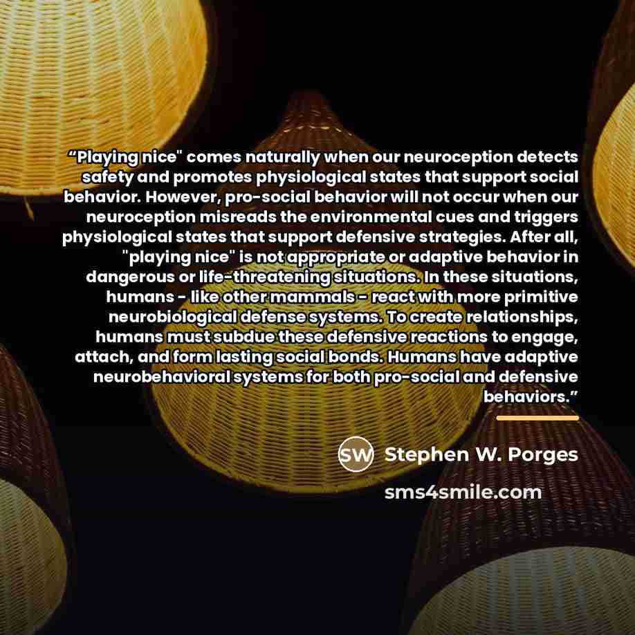 “Playing nice" comes naturally when our neuroception detects safety and promotes physiological states that support social behavior. However, pro-social behavior will not occur when our neuroception misreads the environmental cues and triggers physiological states that support defensive strategies…” quote by Stephen W. Porges