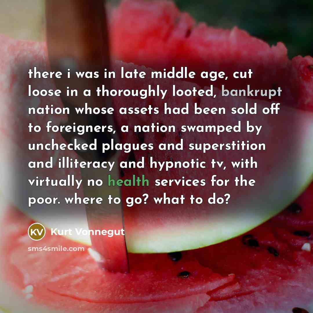 “there i was in late middle age, cut loose in a thoroughly looted, bankrupt nation whose assets had been sold off to foreigners, a nation swamped by unchecked plagues and superstition and illiteracy and hypnotic tv, with virtually no health services for the poor. where to go? what to do?” quote by Kurt Vonnegut