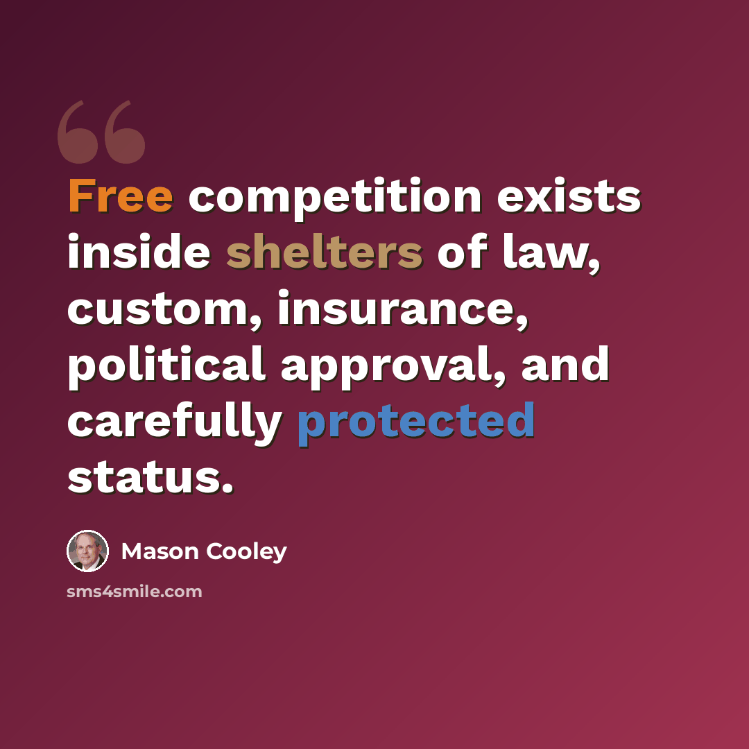 “Free competition exists inside shelters of law, custom, insurance, political approval, and carefully protected status.” quote by Mason Cooley