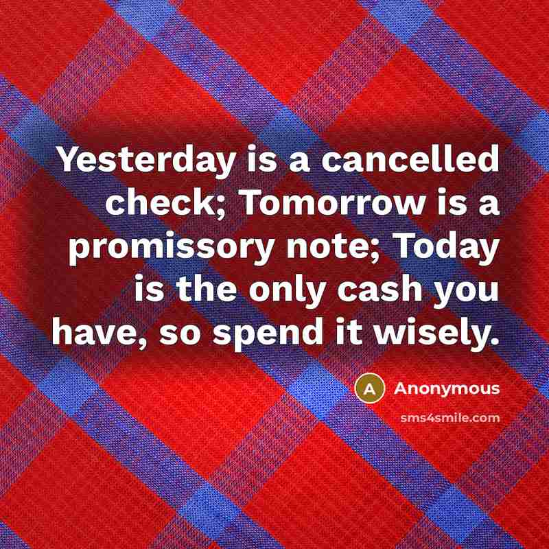 “Yesterday is a cancelled check; Tomorrow is a promissory note; Today is the only cash you have, so spend it wisely.” quote by Anonymous