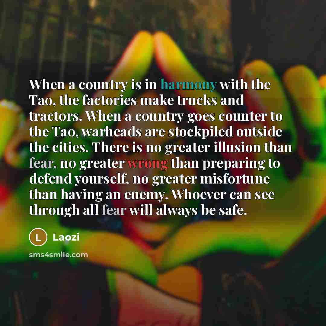 “When a country is in harmony with the Tao, the factories make trucks and tractors. When a country goes counter to the Tao, warheads are stockpiled outside the cities. There is no greater illusion than fear, no greater wrong than preparing to defend yourself, no greater misfortune than having an…” quote by Laozi