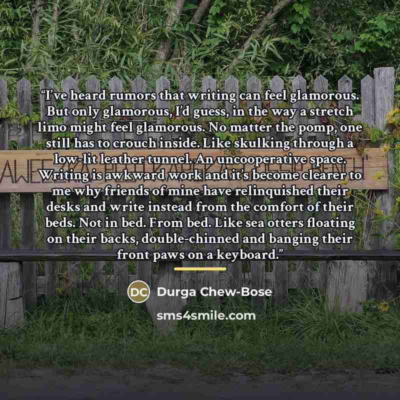 “I’ve heard rumors that writing can feel glamorous. But only glamorous, I’d guess, in the way a stretch limo might feel glamorous. No matter the pomp, one still has to crouch inside. Like skulking through a low-lit leather tunnel. An uncooperative space. Writing is awkward work and it’s become…” quote by Durga Chew-Bose