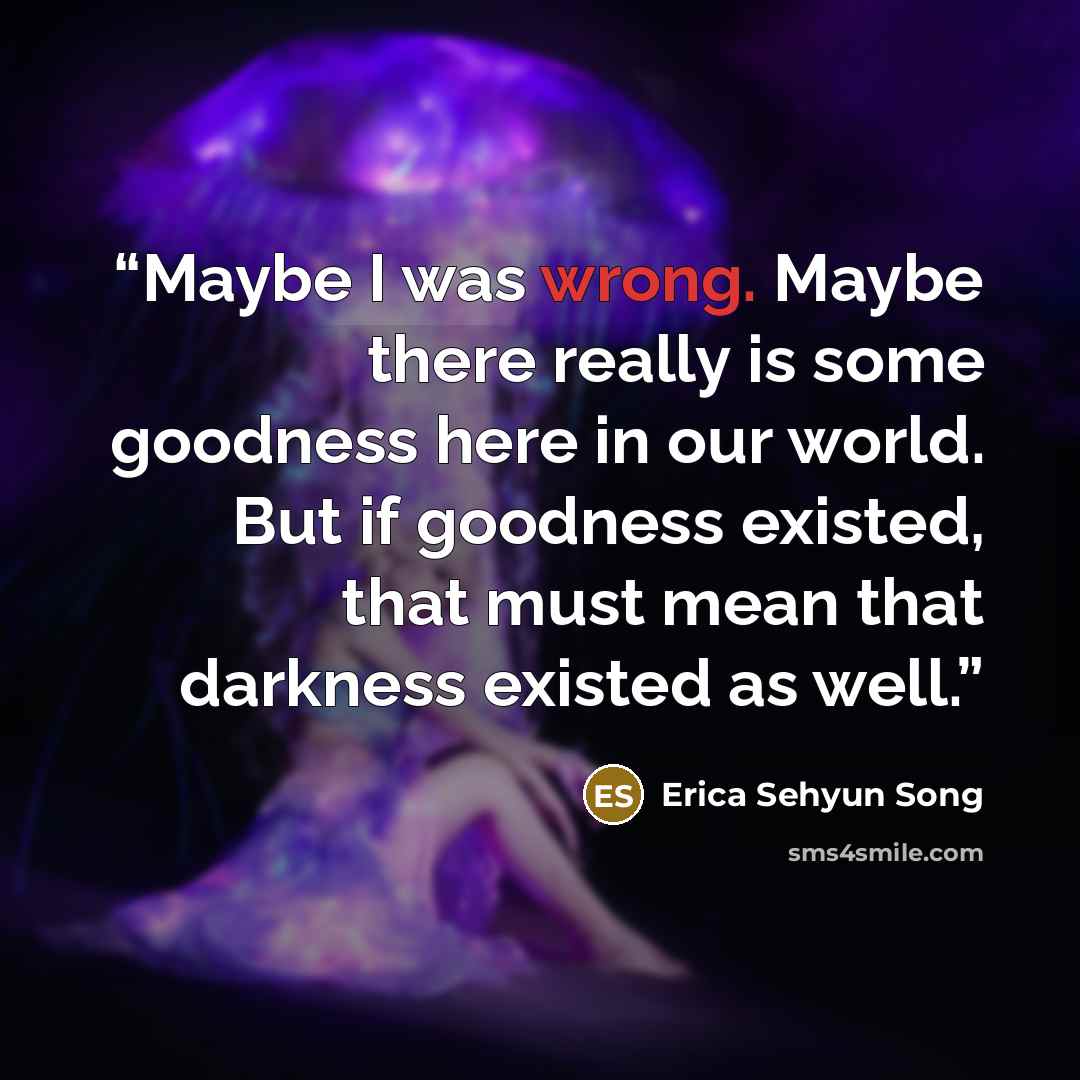 “Maybe I was wrong. Maybe there really is some goodness here in our world. But if goodness existed, that must mean that darkness existed as well.” quote by Erica Sehyun Song