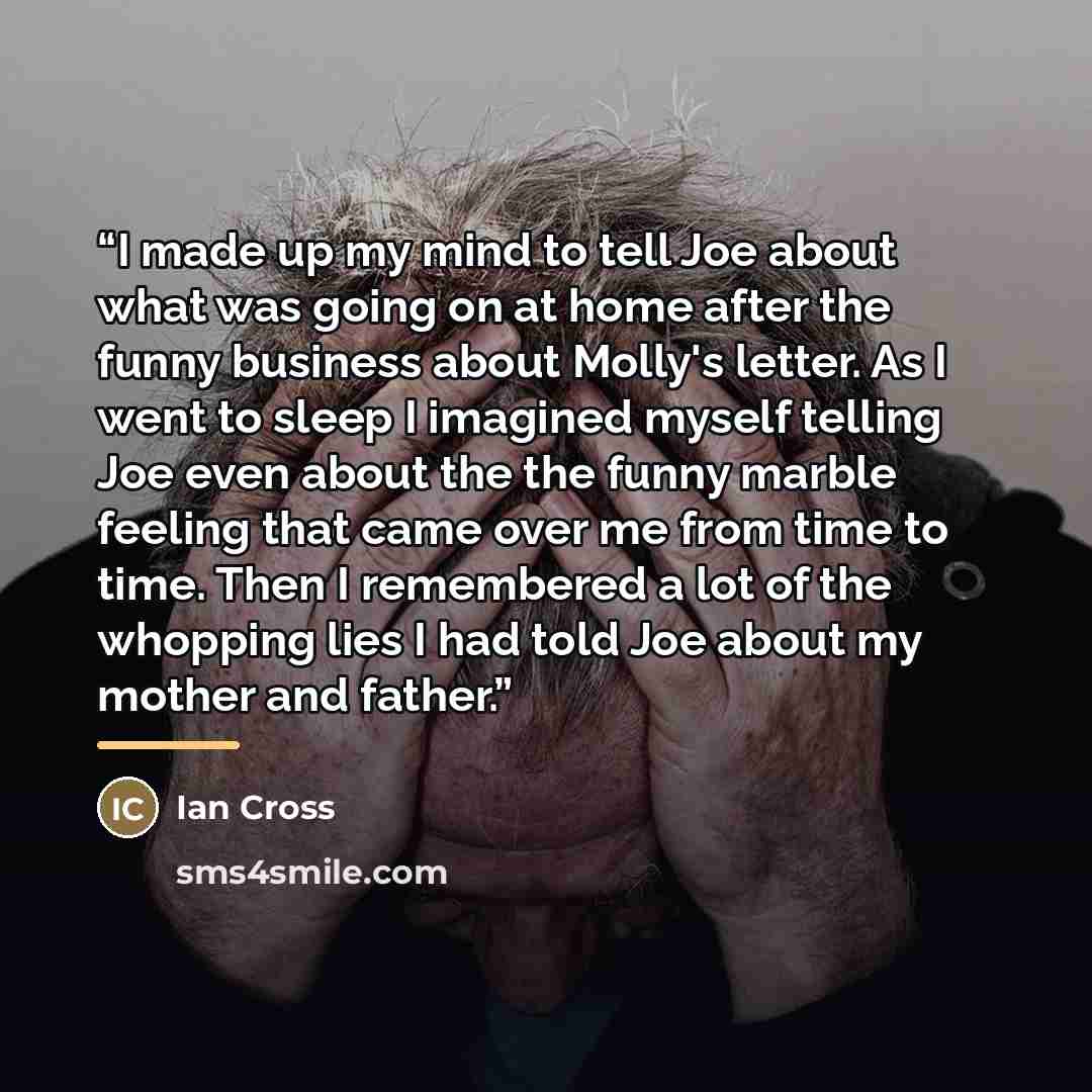 “I made up my mind to tell Joe about what was going on at home after the funny business about Molly's letter. As I went to sleep I imagined myself telling Joe even about the the funny marble feeling that came over me from time to time. Then I remembered a lot of the whopping lies I had told Joe…” quote by Ian Cross