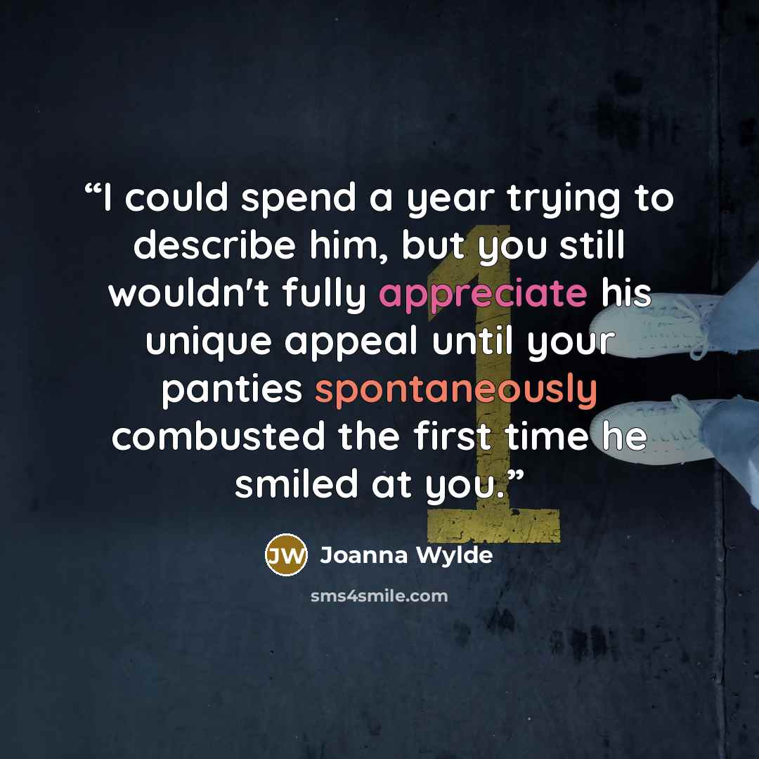 “I could spend a year trying to describe him, but you still wouldn't fully appreciate his unique appeal until your panties spontaneously combusted the first time he smiled at you.” quote by Joanna Wylde