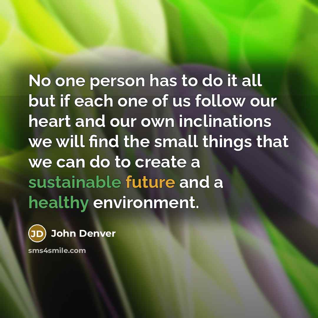 “No one person has to do it all but if each one of us follow our heart and our own inclinations we will find the small things that we can do to create a sustainable future and a healthy environment.” quote by John Denver