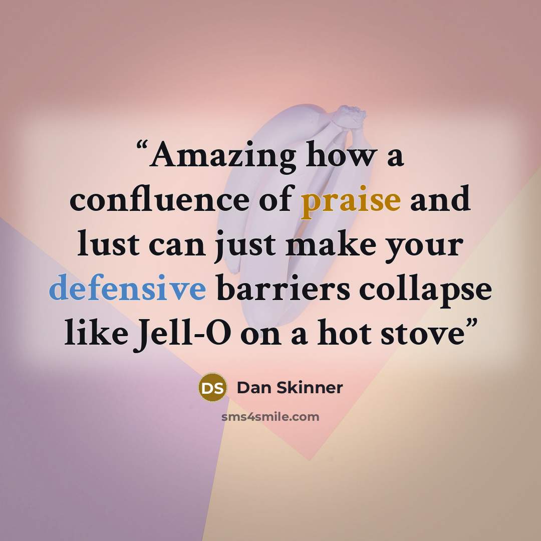 “Amazing how a confluence of praise and lust can just make your defensive barriers collapse like Jell-O on a hot stove” quote by Dan Skinner