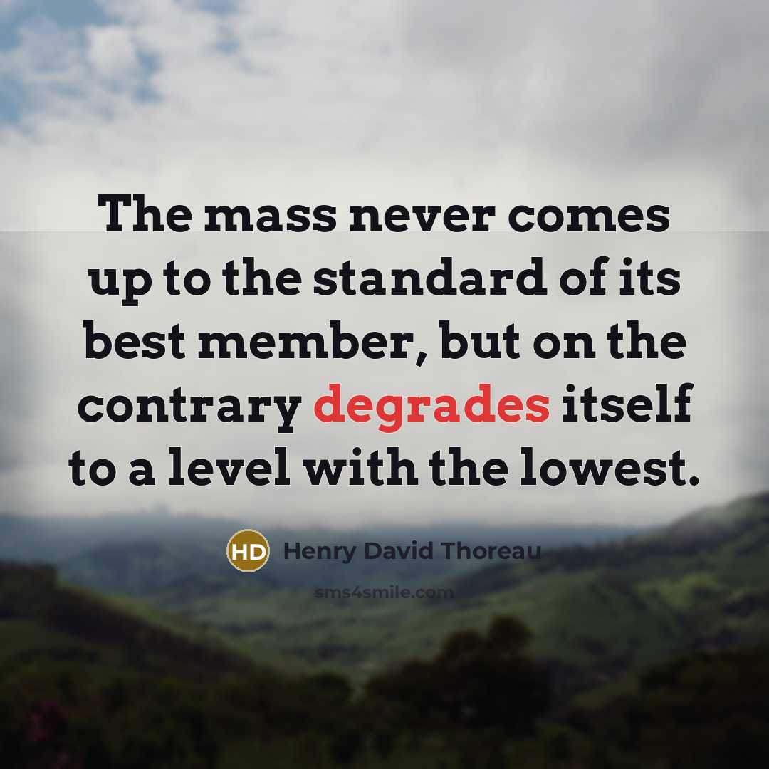 “The mass never comes up to the standard of its best member, but on the contrary degrades itself to a level with the lowest.” quote by Henry David Thoreau
