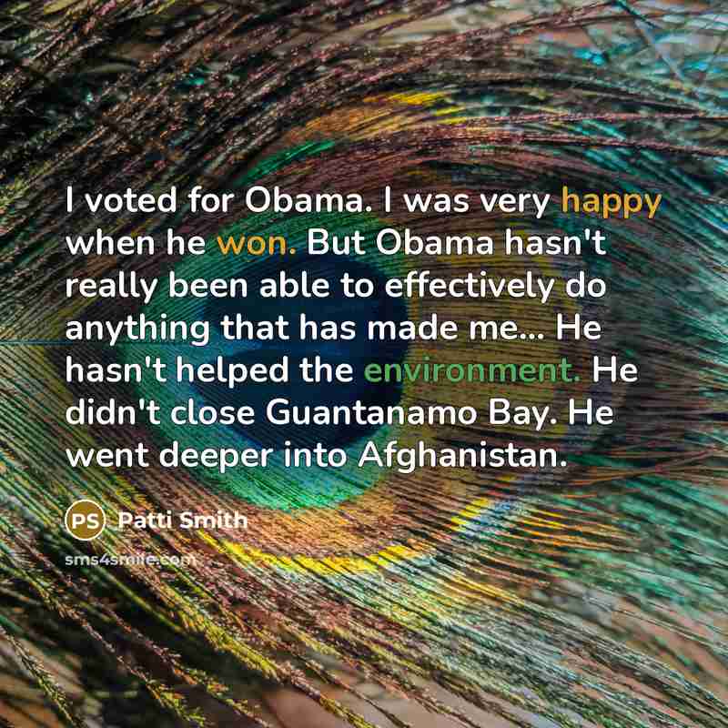“I voted for Obama. I was very happy when he won. But Obama hasn't really been able to effectively do anything that has made me... He hasn't helped the environment. He didn't close Guantanamo Bay. He went deeper into Afghanistan.” quote by Patti Smith