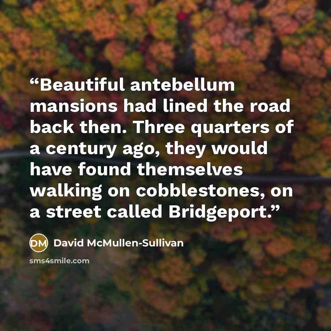 “Beautiful antebellum mansions had lined the road back then. Three quarters of a century ago, they would have found themselves walking on cobblestones, on a street called Bridgeport.” quote by David McMullen-Sullivan