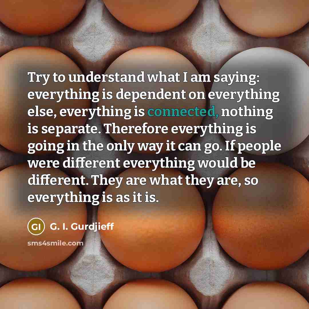 “Try to understand what I am saying: everything is dependent on everything else, everything is connected, nothing is separate. Therefore everything is going in the only way it can go. If people were different everything would be different. They are what they are, so everything is as it is.” quote by G. I. Gurdjieff