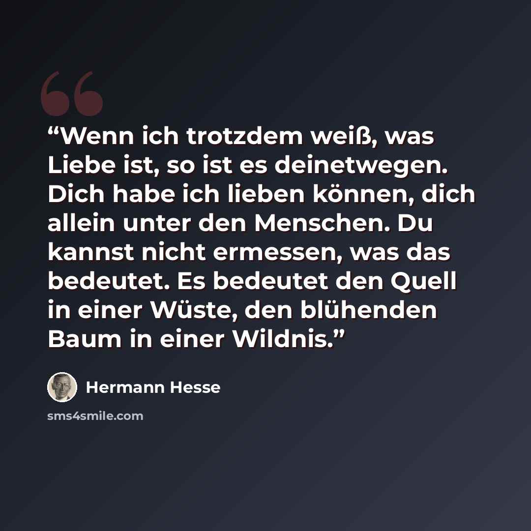 “Wenn ich trotzdem weiß, was Liebe ist, so ist es deinetwegen. Dich habe ich lieben können, dich allein unter den Menschen. Du kannst nicht ermessen, was das bedeutet. Es bedeutet den Quell in einer Wüste, den blühenden Baum in einer Wildnis.” quote by Hermann Hesse