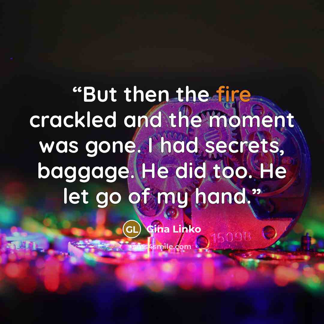 “But then the fire crackled and the moment was gone. I had secrets, baggage. He did too. He let go of my hand.” quote by Gina Linko