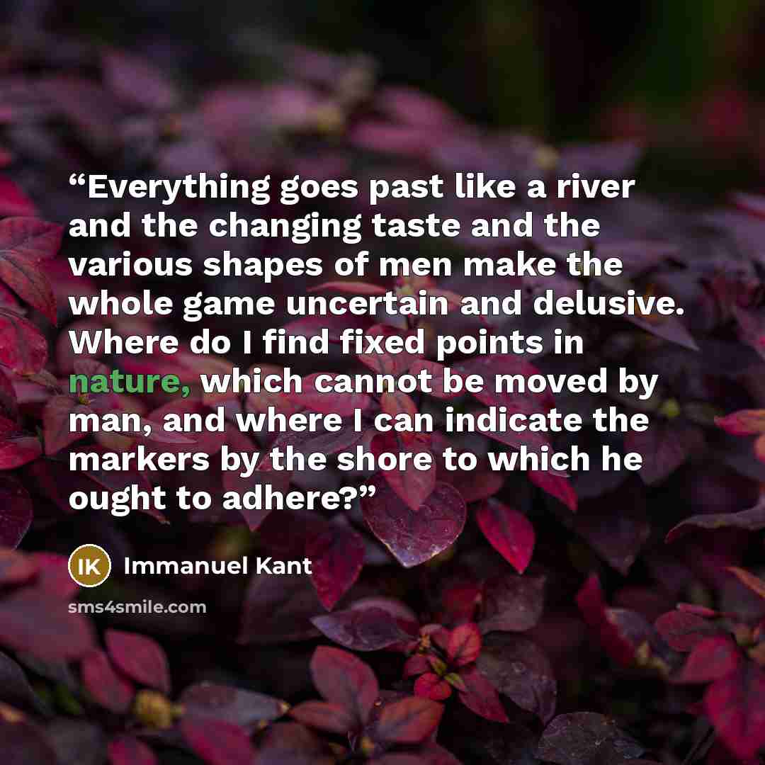 “Everything goes past like a river and the changing taste and the various shapes of men make the whole game uncertain and delusive. Where do I find fixed points in nature, which cannot be moved by man, and where I can indicate the markers by the shore to which he ought to adhere?” quote by Immanuel Kant