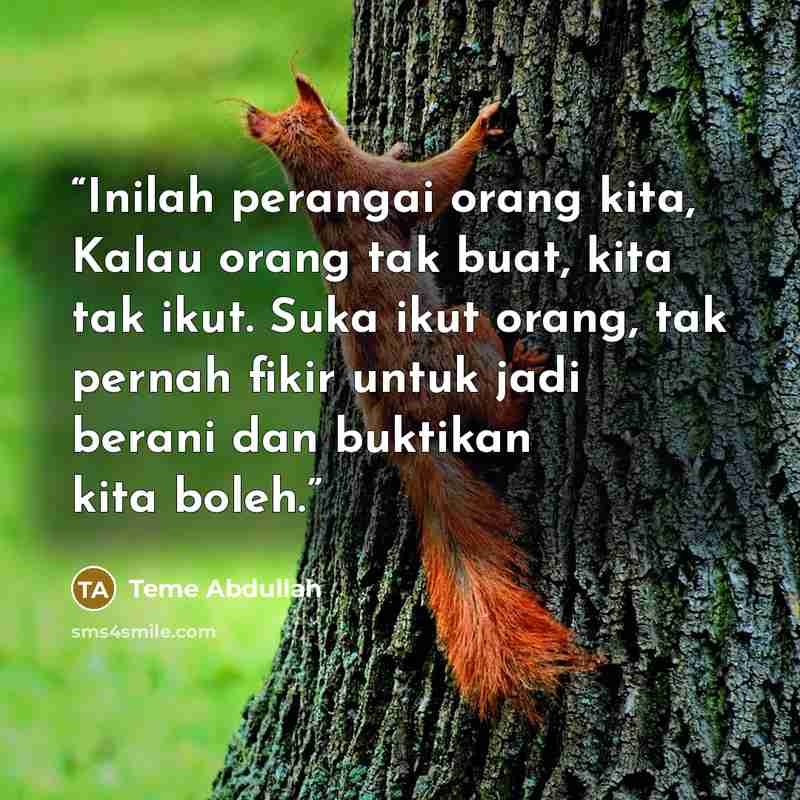 “Inilah perangai orang kita, Kalau orang tak buat, kita tak ikut. Suka ikut orang, tak pernah fikir untuk jadi berani dan buktikan kita boleh.” quote by Teme Abdullah