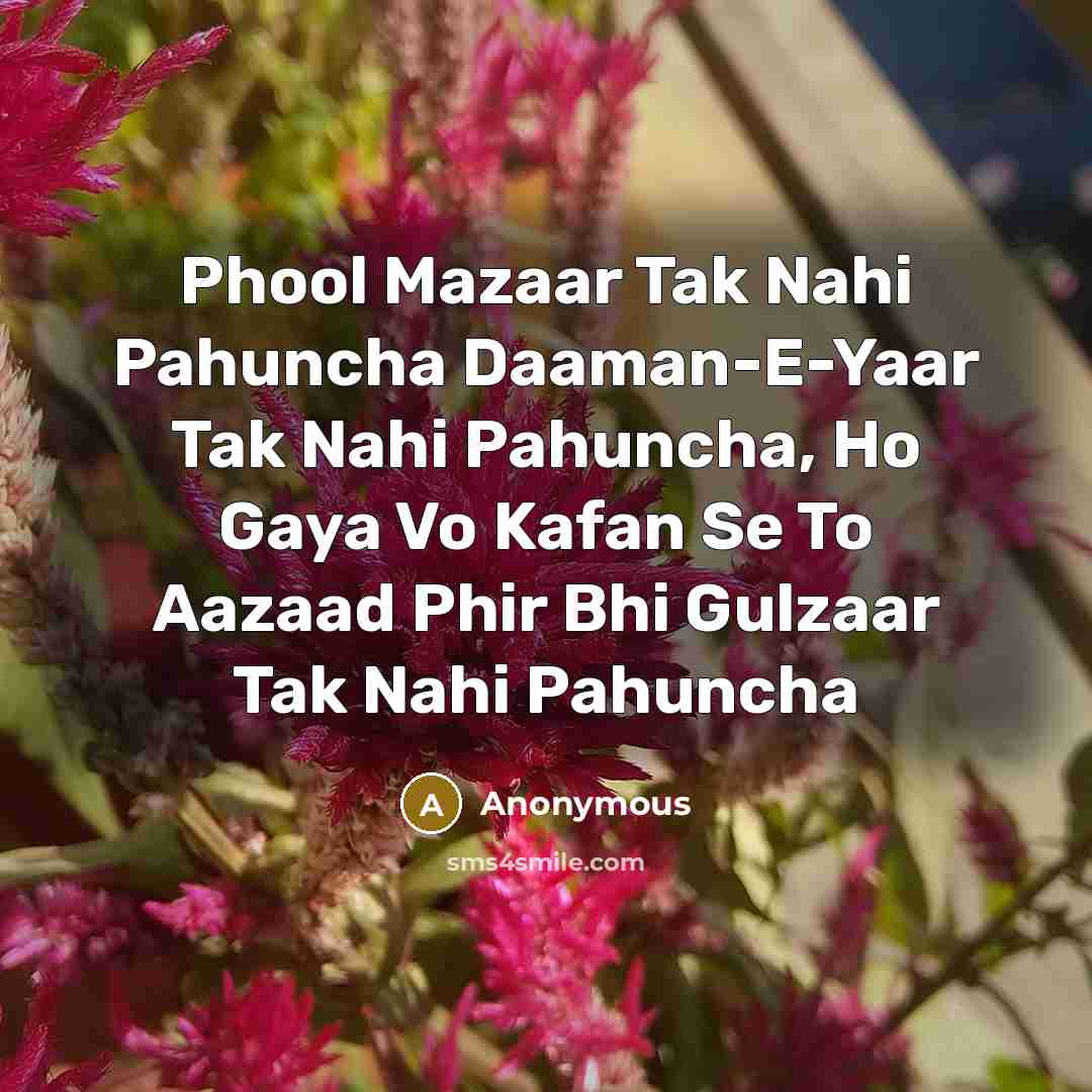 “Phool Mazaar Tak Nahi Pahuncha Daaman-E-Yaar Tak Nahi Pahuncha, Ho Gaya Vo Kafan Se To Aazaad Phir Bhi Gulzaar Tak Nahi Pahuncha” quote by Anonymous