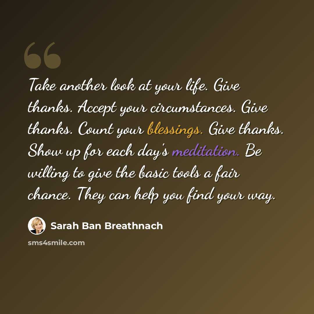 “Take another look at your life. Give thanks. Accept your circumstances. Give thanks. Count your blessings. Give thanks. Show up for each day's meditation. Be willing to give the basic tools a fair chance. They can help you find your way.” quote by Sarah Ban Breathnach