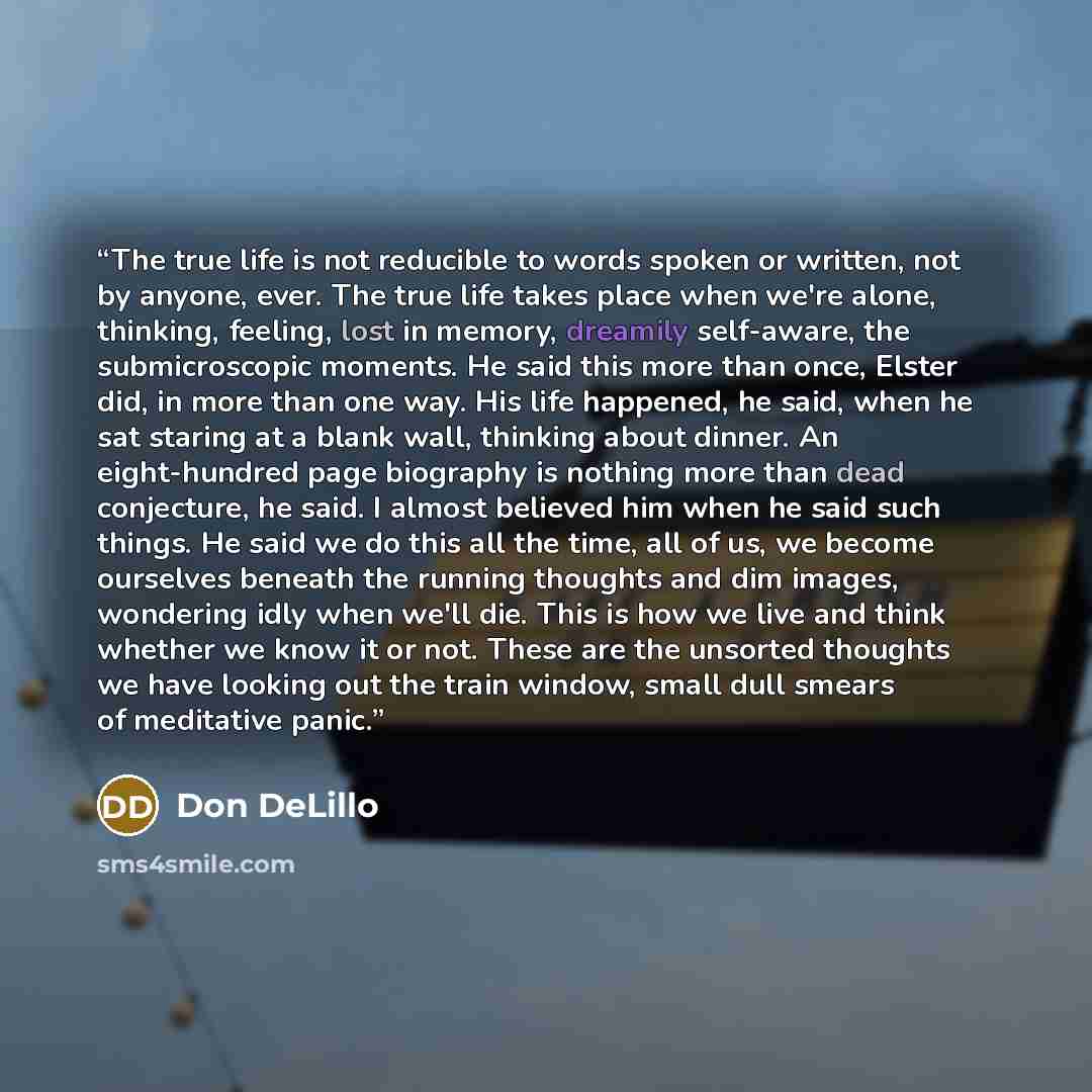 “The true life is not reducible to words spoken or written, not by anyone, ever. The true life takes place when we're alone, thinking, feeling, lost in memory, dreamily self-aware, the submicroscopic moments. He said this more than once, Elster did, in more than one way. His life happened, he said…” quote by Don DeLillo