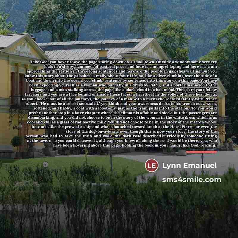 “Like God, you hover above the page staring down on a small town. Outside a window some scenery loafs in a sleepy hammock of pastoral prose and here is a mongrel loping and here is a train approaching the station in three long sentences and here are the people in galoshes waiting. But you know this…” quote by Lynn Emanuel