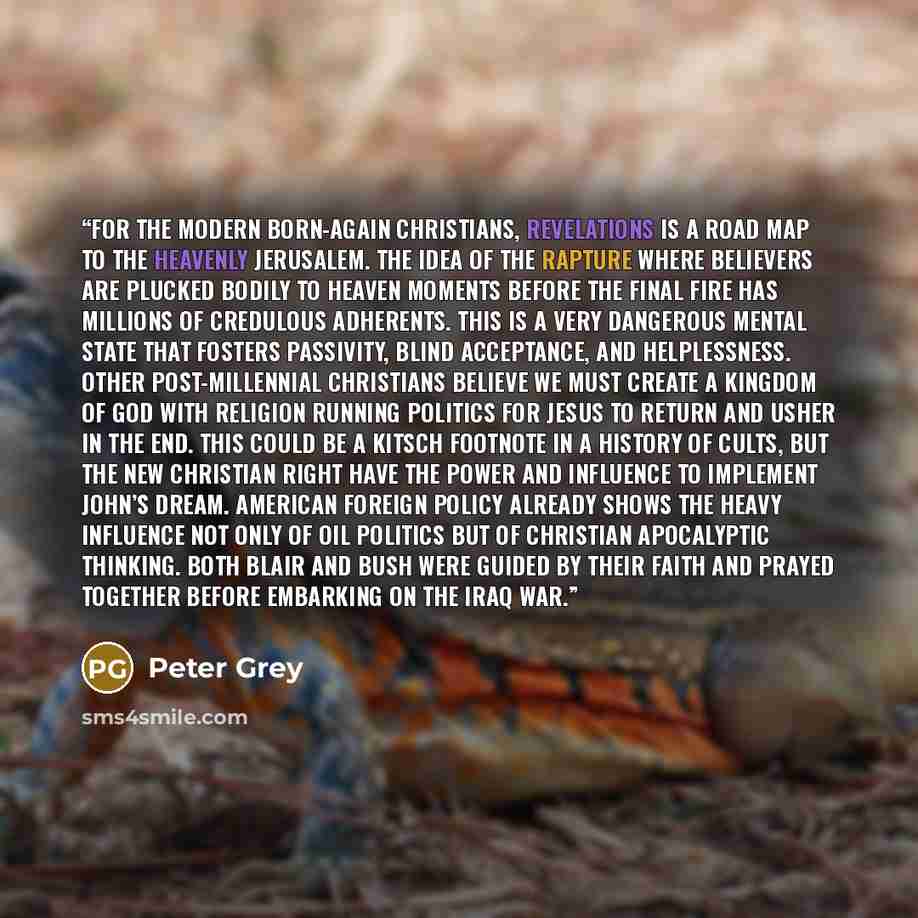 “For the modern born-again Christians, Revelations is a road map to the heavenly Jerusalem. The idea of the Rapture where believers are plucked bodily to heaven moments before the final fire has millions of credulous adherents. This is a very dangerous mental state that fosters passivity, blind…” quote by Peter Grey