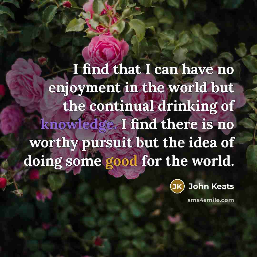 “I find that I can have no enjoyment in the world but the continual drinking of knowledge. I find there is no worthy pursuit but the idea of doing some good for the world.” quote by John Keats