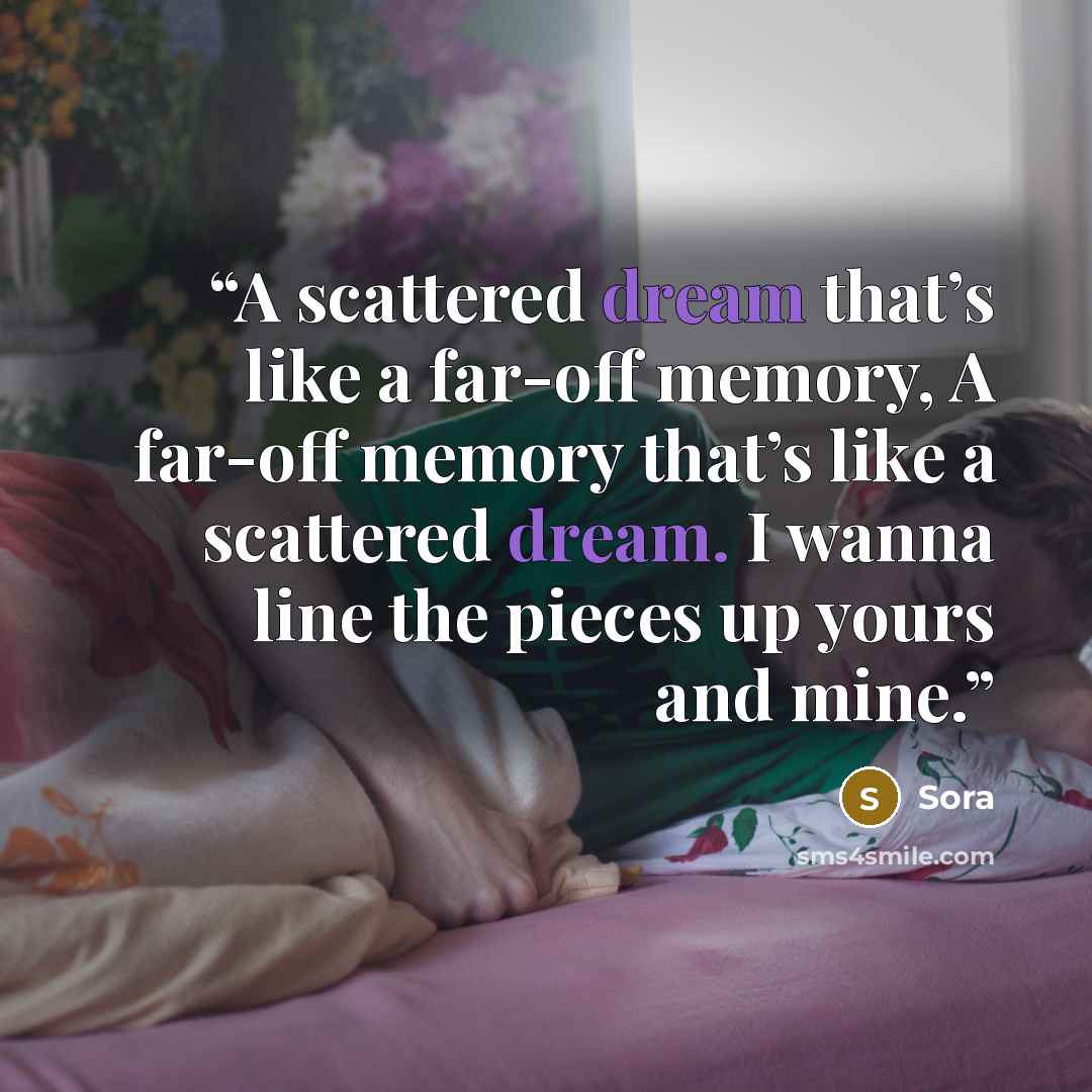 “A scattered dream that’s like a far-off memory, A far-off memory that’s like a scattered dream. I wanna line the pieces up yours and mine.” quote by Sora