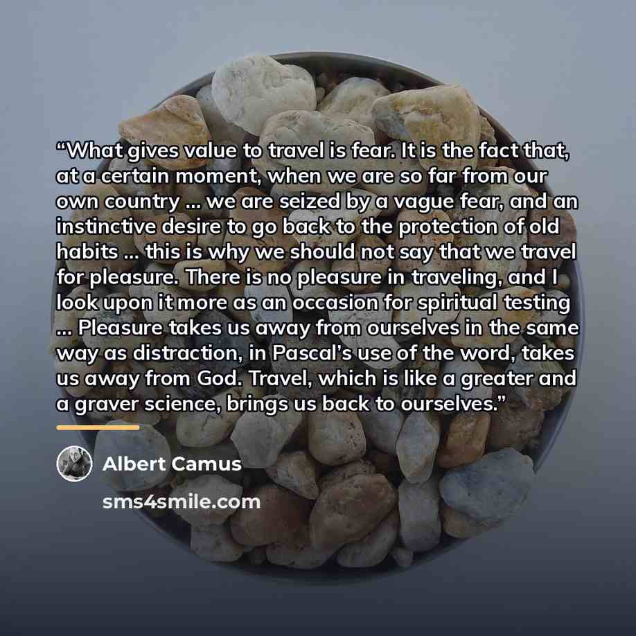 “What gives value to travel is fear. It is the fact that, at a certain moment, when we are so far from our own country … we are seized by a vague fear, and an instinctive desire to go back to the protection of old habits … this is why we should not say that we travel for pleasure. There is no…” quote by Albert Camus
