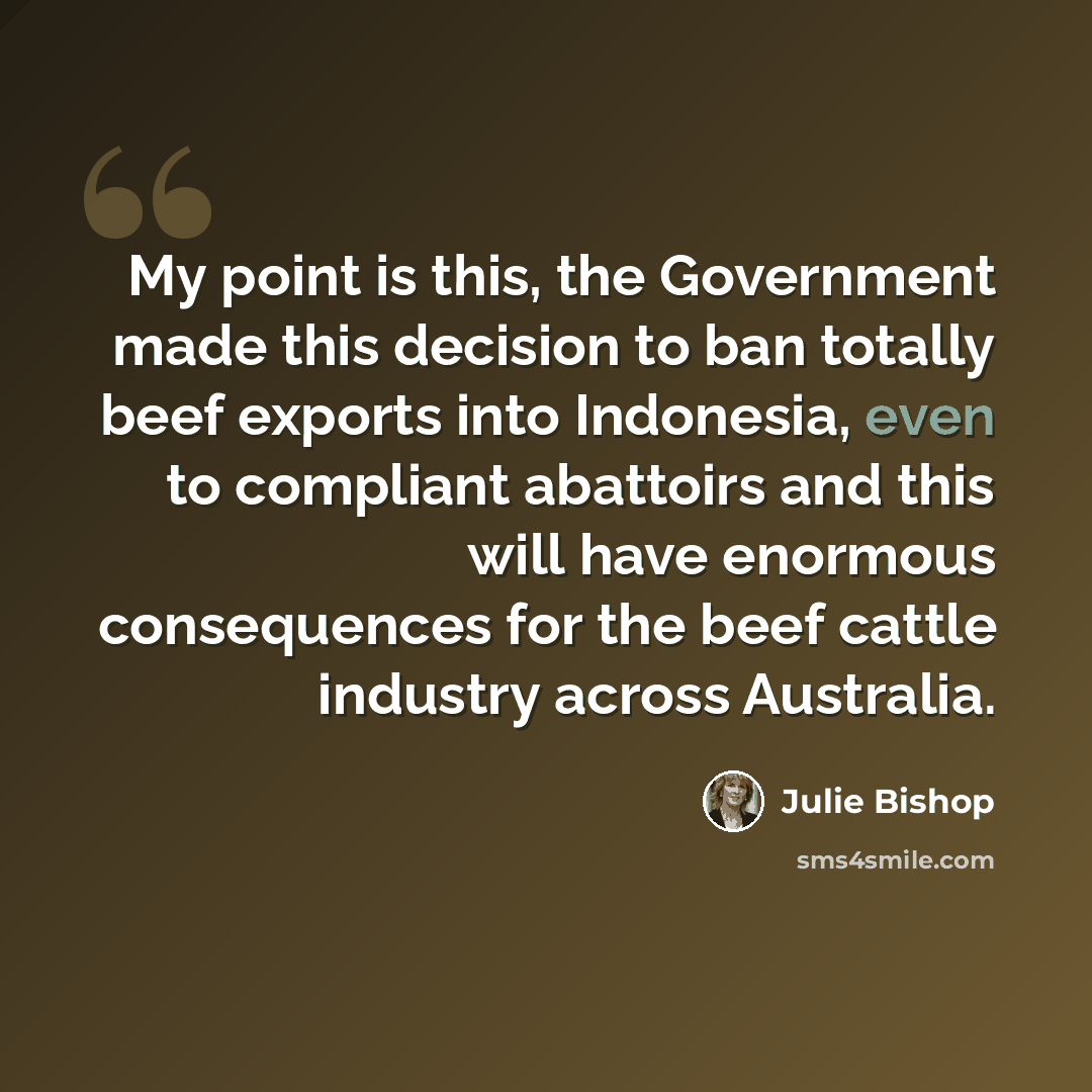 “My point is this, the Government made this decision to ban totally beef exports into Indonesia, even to compliant abattoirs and this will have enormous consequences for the beef cattle industry across Australia.” quote by Julie Bishop