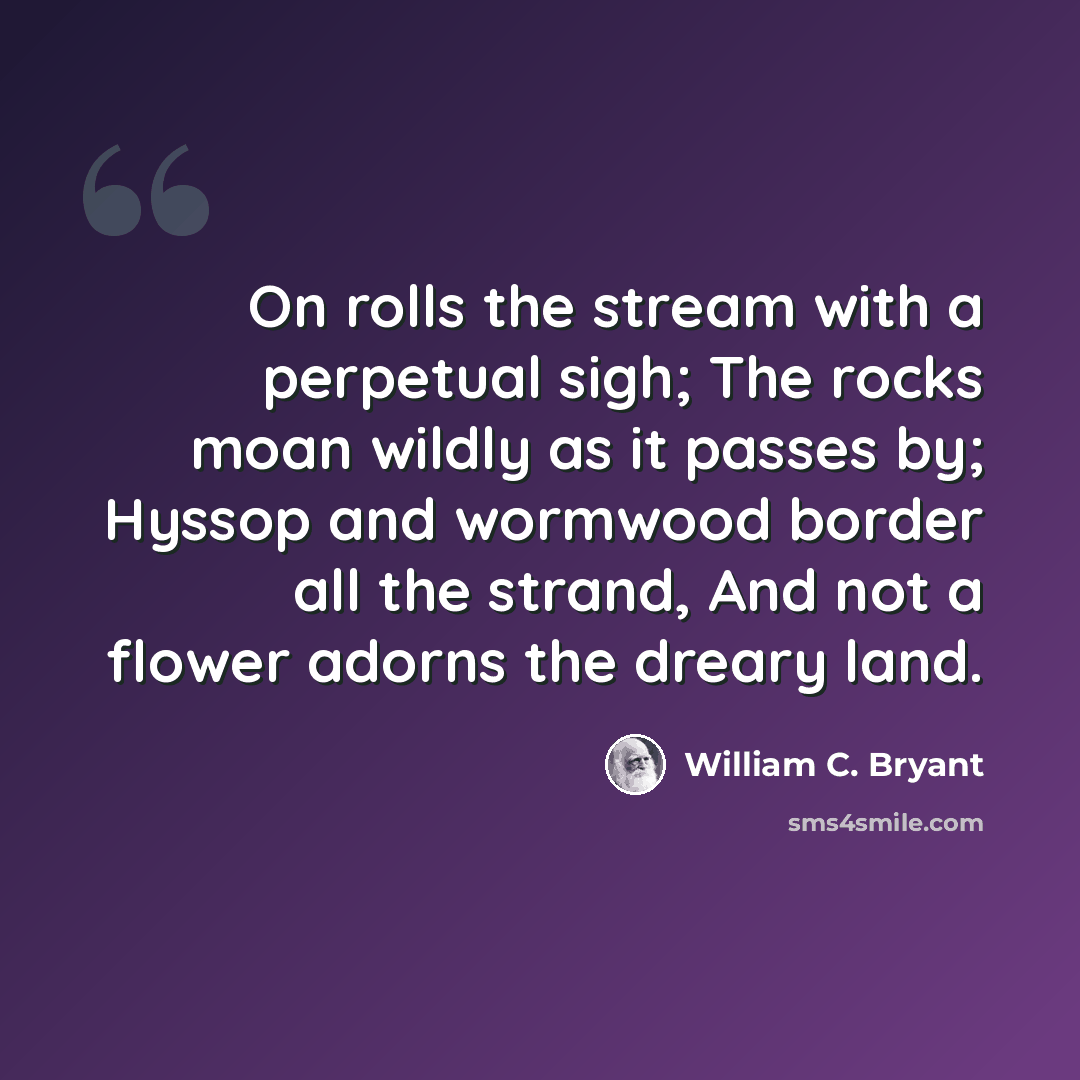 “On rolls the stream with a perpetual sigh; The rocks moan wildly as it passes by; Hyssop and wormwood border all the strand, And not a flower adorns the dreary land.” quote by William C. Bryant