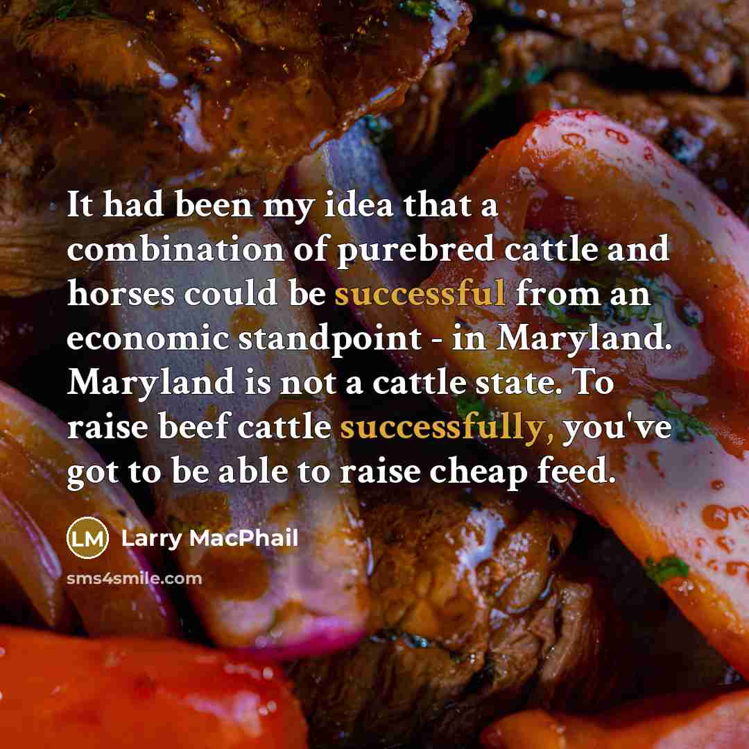 “It had been my idea that a combination of purebred cattle and horses could be successful from an economic standpoint - in Maryland. Maryland is not a cattle state. To raise beef cattle successfully, you've got to be able to raise cheap feed.” quote by Larry MacPhail