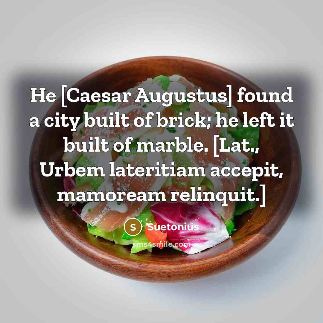 “He [Caesar Augustus] found a city built of brick; he left it built of marble. [Lat., Urbem lateritiam accepit, mamoream relinquit.]” quote by Suetonius