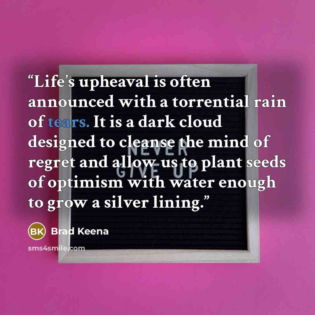 “Life’s upheaval is often announced with a torrential rain of tears. It is a dark cloud designed to cleanse the mind of regret and allow us to plant seeds of optimism with water enough to grow a silver lining.” quote by Brad Keena