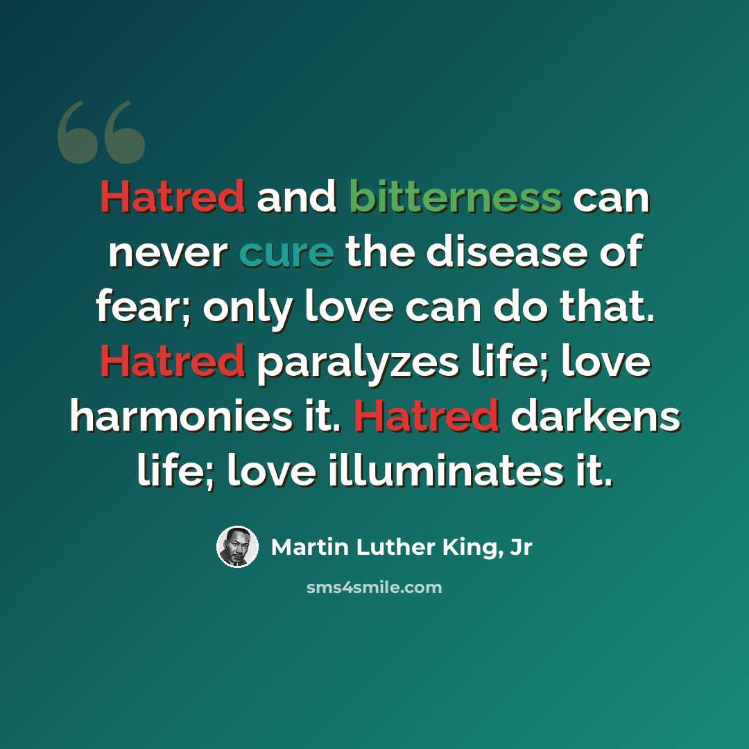 “Hatred and bitterness can never cure the disease of fear; only love can do that. Hatred paralyzes life; love harmonies it. Hatred darkens life; love illuminates it.” quote by Martin Luther King, Jr