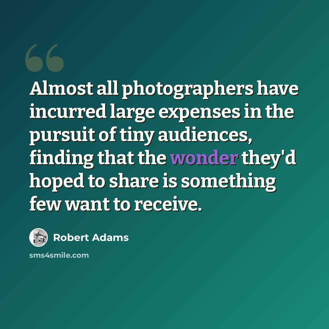 “Almost all photographers have incurred large expenses in the pursuit of tiny audiences, finding that the wonder they'd hoped to share is something few want to receive.” quote by Robert Adams