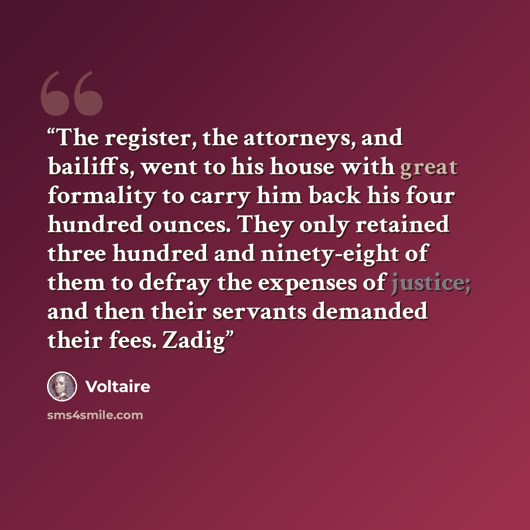 “The register, the attorneys, and bailiffs, went to his house with great formality to carry him back his four hundred ounces. They only retained three hundred and ninety-eight of them to defray the expenses of justice; and then their servants demanded their fees. Zadig” quote by Voltaire