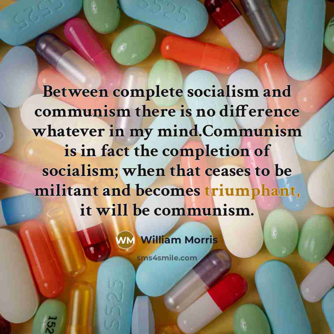 “Between complete socialism and communism there is no difference whatever in my mind.Communism is in fact the completion of socialism; when that ceases to be militant and becomes triumphant, it will be communism.” quote by William Morris