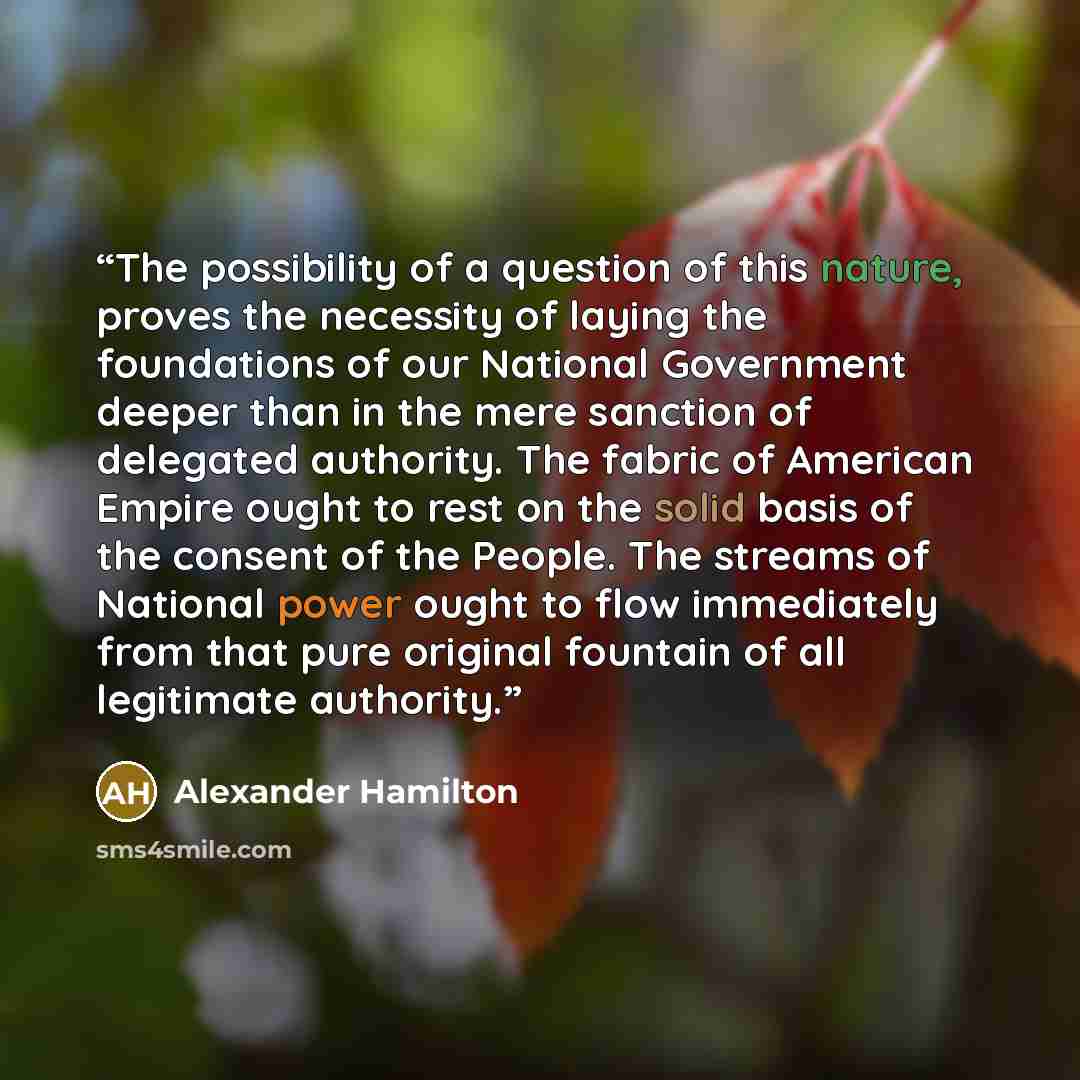 “The possibility of a question of this nature, proves the necessity of laying the foundations of our National Government deeper than in the mere sanction of delegated authority. The fabric of American Empire ought to rest on the solid basis of the consent of the People. The streams of National…” quote by Alexander Hamilton