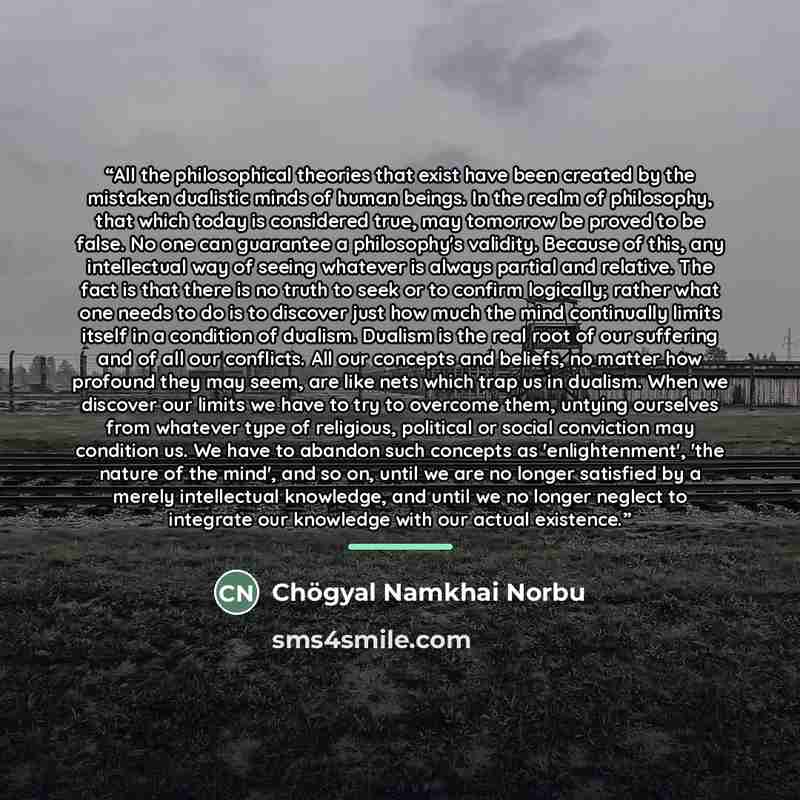 “All the philosophical theories that exist have been created by the mistaken dualistic minds of human beings. In the realm of philosophy, that which today is considered true, may tomorrow be proved to be false. No one can guarantee a philosophy's validity. Because of this, any intellectual way of…” quote by Chögyal Namkhai Norbu