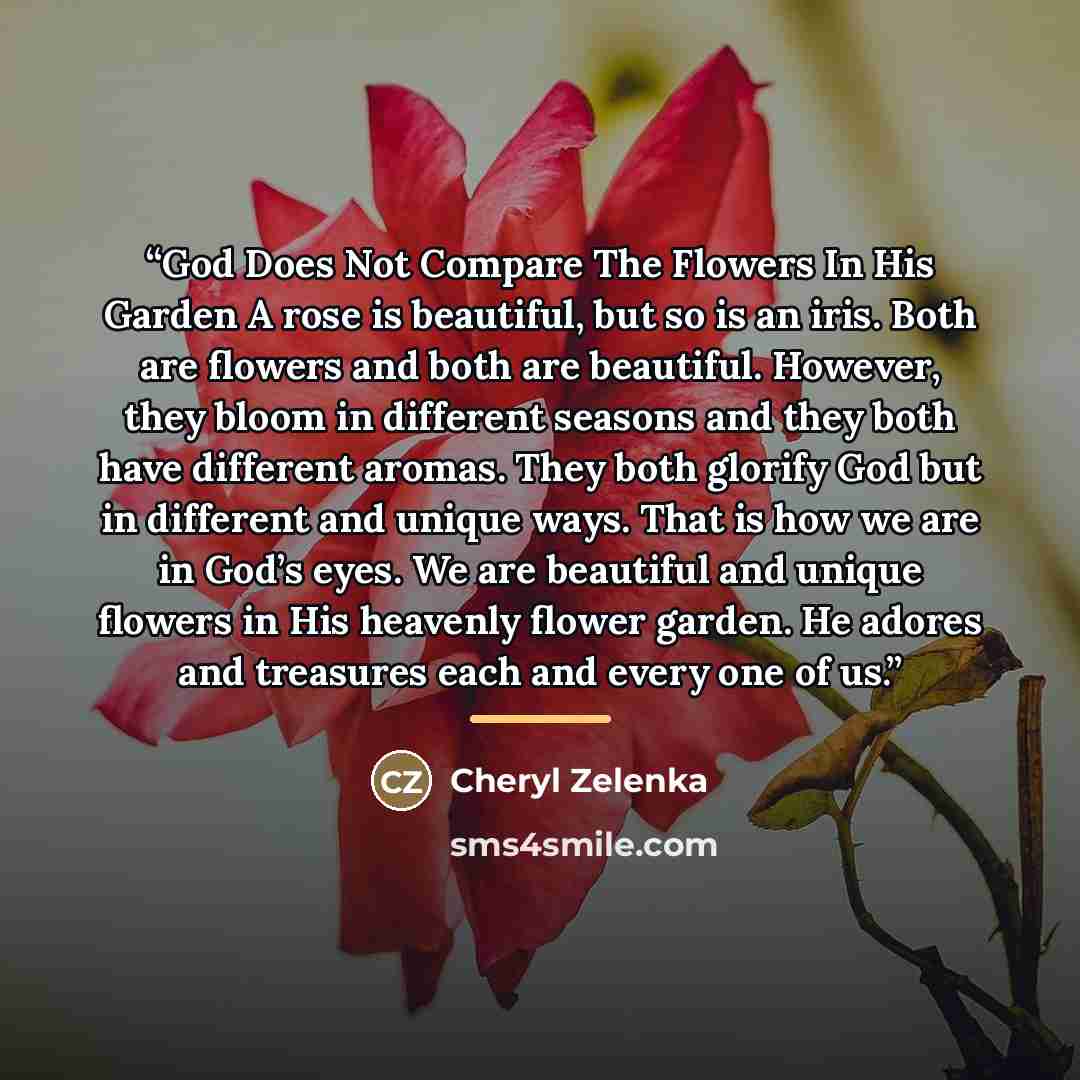 “God Does Not Compare The Flowers In His Garden A rose is beautiful, but so is an iris. Both are flowers and both are beautiful. However, they bloom in different seasons and they both have different aromas. They both glorify God but in different and unique ways. That is how we are in God’s eyes. We…” quote by Cheryl Zelenka