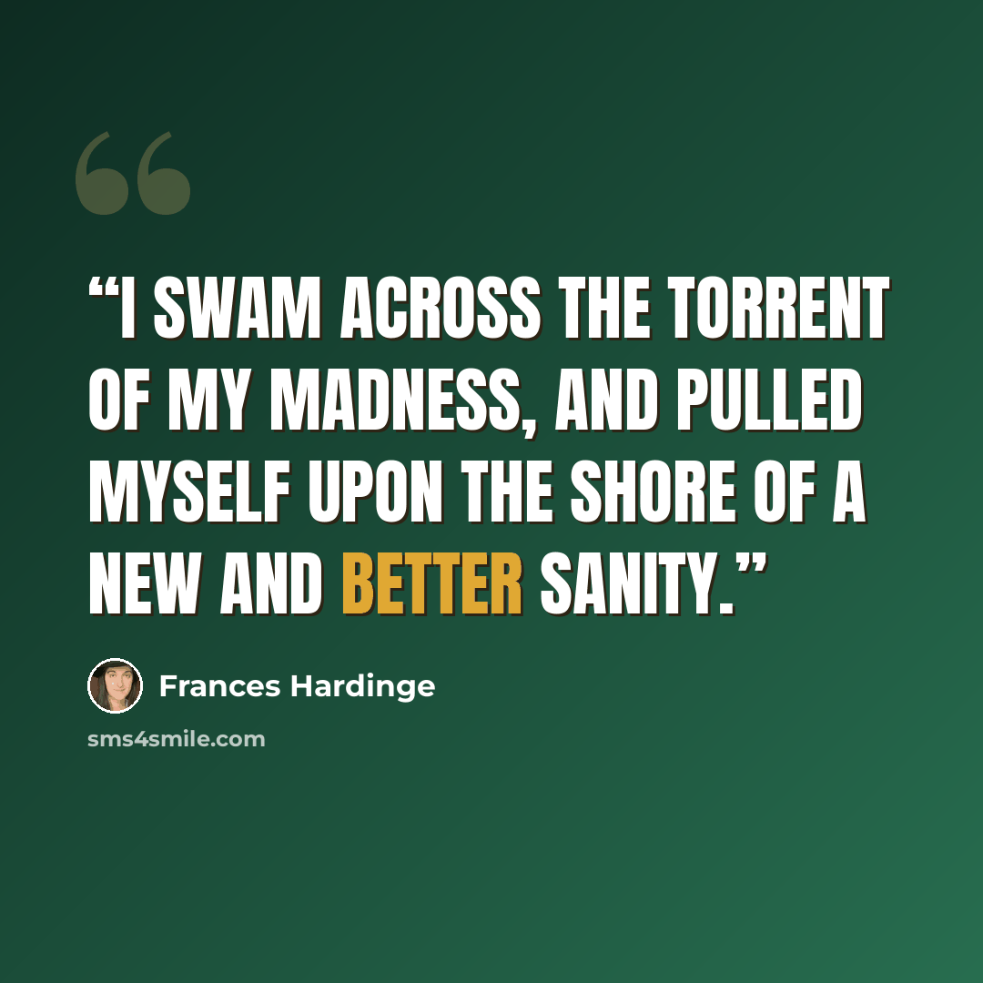 “I swam across the torrent of my madness, and pulled myself upon the shore of a new and better sanity.” quote by Frances Hardinge